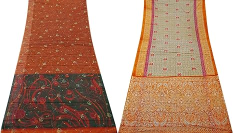 Amazon Co Jp Peegli 2サリーヴィンテージフローラル バンダニ縫製布のコンボホーム装飾シルクブレンドインドのdiyクラフト生地サリー ホーム キッチン