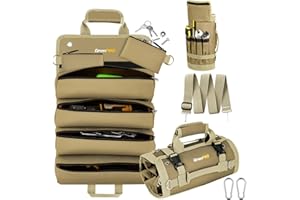 GrenPRO Tool Bag Roll Up, Tool Roll Portable Foldable Tool Storage with 2 Detachable Pouches, Soft Rollable Tool Pouch for Mechanics, Electricians, DIY, Gifts for Dad, Men Birthday Gift, Khaki