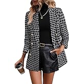 Happy Sailed Womens Plaid Tweed Blazers Dressy Casual Long Sleeve Double Breasted Open Front Blazer Jackets Work Suits