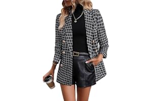 Happy Sailed Womens Plaid Tweed Blazers Dressy Casual Long Sleeve Double Breasted Open Front Blazer Jackets Work Suits