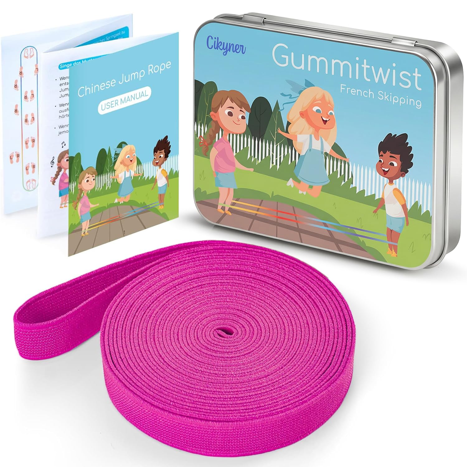 Cikyner Chinese Jump Rope, 4m Long 1.5cm Wide Elastic Chinese Ropes with Instructions French Skipping Rubber Band for Indoor and Outdoor Children Jumpsies Games, Ideal for Gifts for Girls and Boys