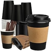 RACETOP Coffee Cups with Lids 12 oz 100 Pack, Black Cups with Sleeves | Includes Stirring Sticks, Thick Paper, Leak-Proof Lids &amp; Heat-Resist Sleeves, For Hot/Cold Drinks &amp; Parties/Travel/Office