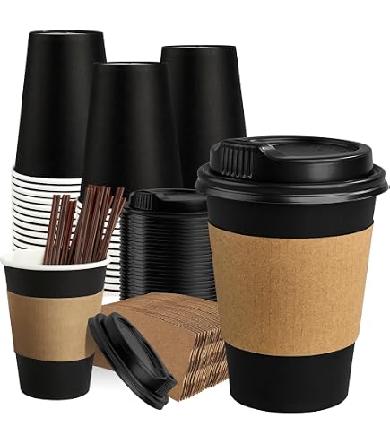 Amazon.com: COMBO Set of 50-12oz - Paper Coffee Hot Cups, Black Travel  Lids, Sleeves & Stirrers - Disposable Coffee Cups, To Go Travel Mug,  Office/Party Pack, Hot/Cold Coffee, Tea & Chocolate, Latte,