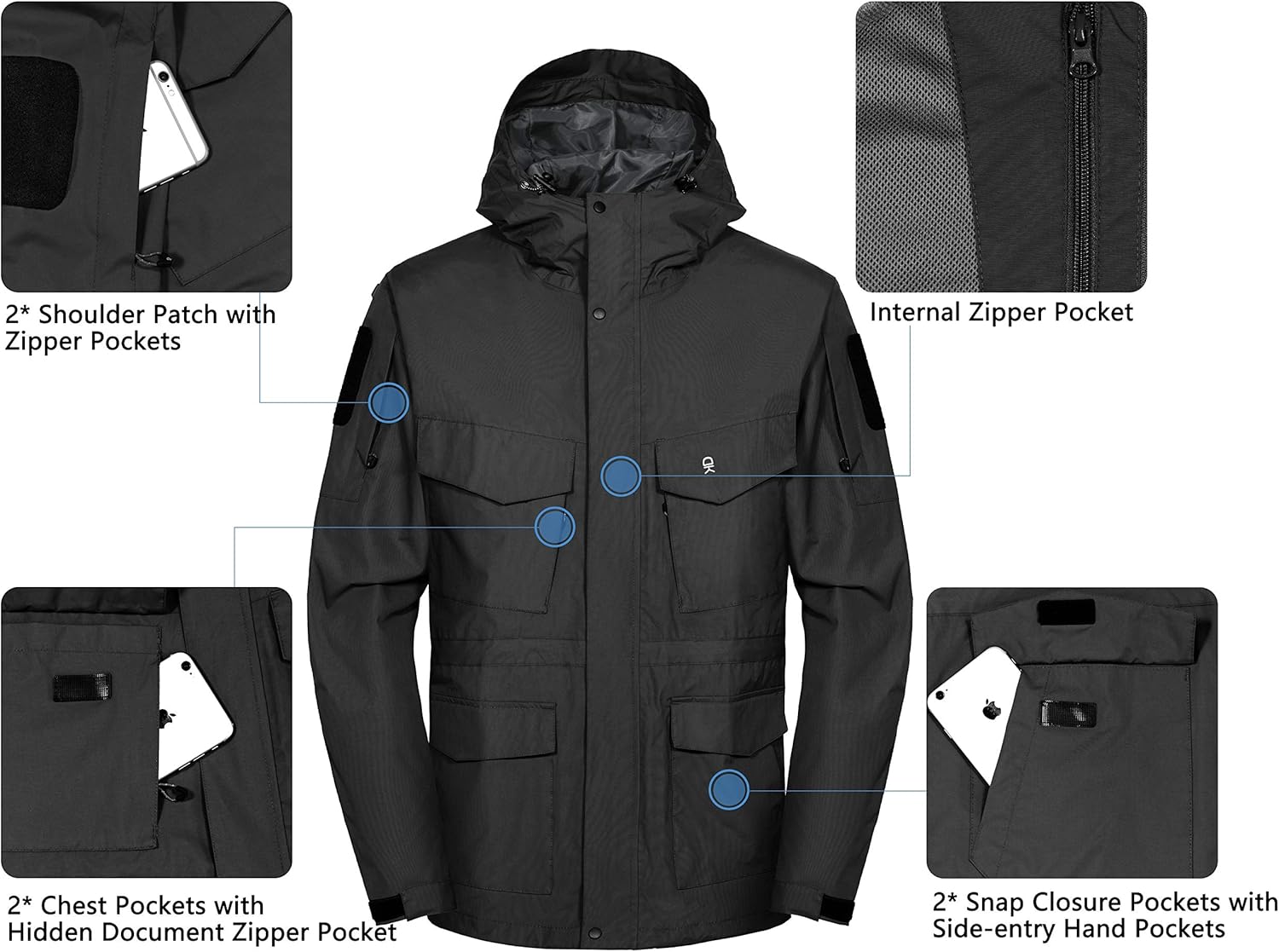 Little Donkey Andy Men's Waterproof Work Rain Jacket 12 Pockets Lightweight Outdoor Hiking Windbreaker Rain Coat: Clothing