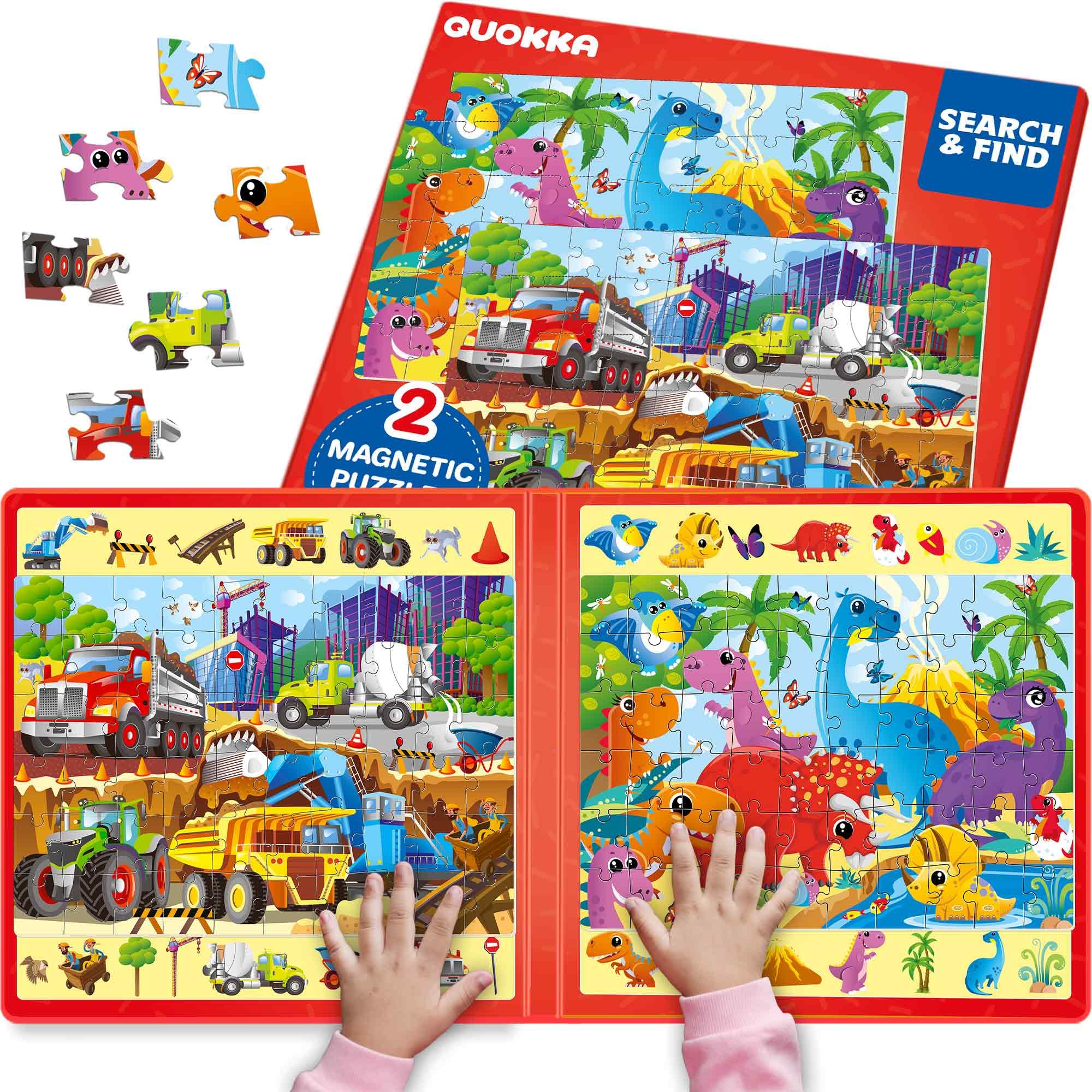 Magnetic Puzzles For 3 4 5 Year Olds - Search & Find 2 Pack 60 Pieces Each - Travel Toy Activities For Kids With Hidden Objects, Construction and Dinosaur Scenes - Educational Jigsaws For 6 7 yo