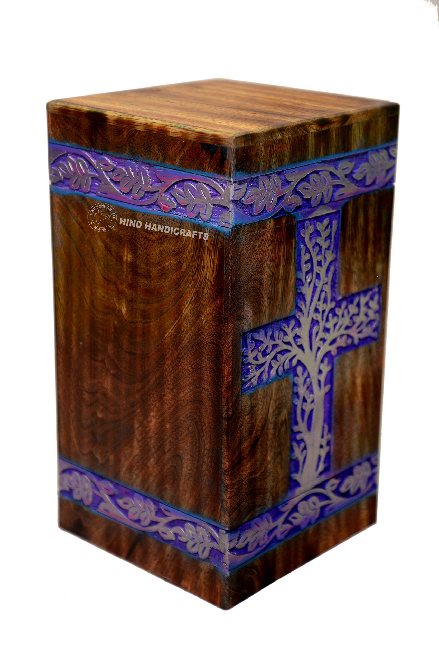 Hind Handicrafts Urns for Human Ashes Adult, Rosewood Cremation Urns for Ashes, Burial Urns for Columbarium, Wooden Box Funeral Urns for Human Ashes Large - 250 Cu/in (Golden on Purple)