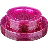 Homy Feel 60PCS Pink Glitter Plastic Plates -Include 30 Dinner & 30 Dessert Plate for New Year Christmas Birthday Wedding Party