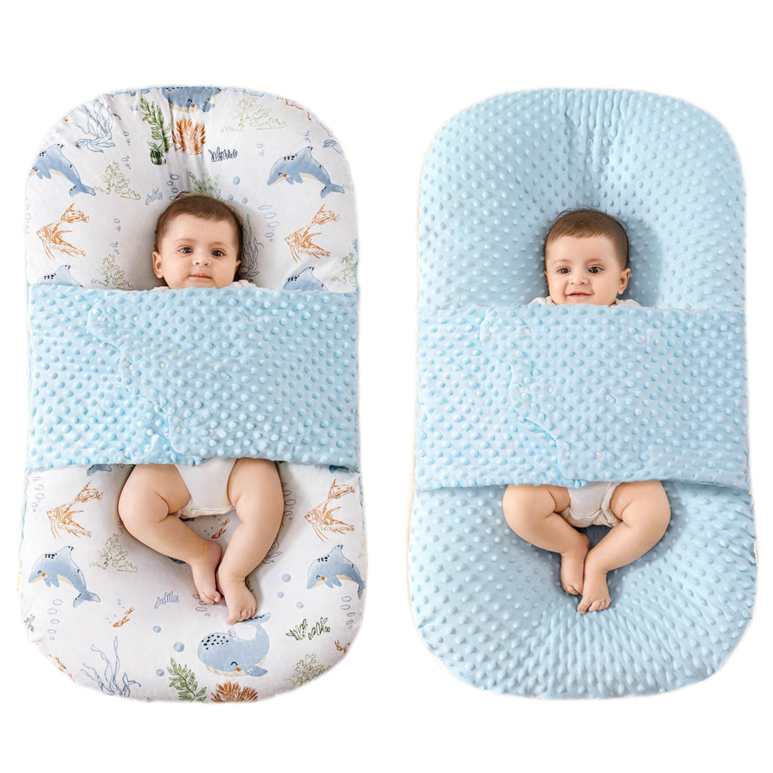 Baby Lounger Pillow, 2-in-1 Infant Lounger Pillow for Newborn 0-24 Months for Tummy Time, 2 Sides Soft & Breathable 100% Cotton Cover, Portable Baby Nest, Newborn Essentials & Gifts for Babies (Blue)
