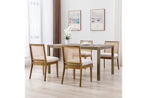 BESTANO Rattan Dining Chairs Set of 4 Natural Wooden Dining Room Chairs Rectangle Cane Country Kitchen Chairs Linen Upholstered Dining Chairs, Cream