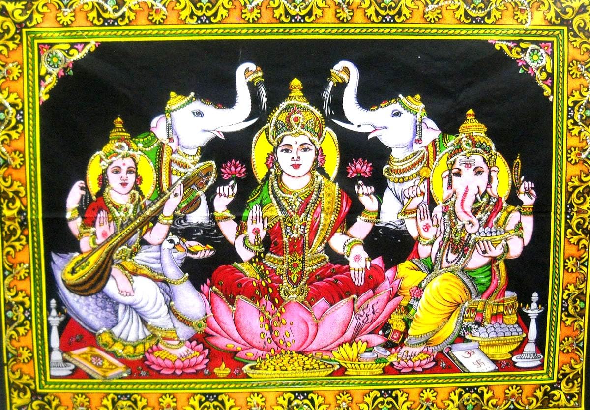 Paintings - Crafts of India Lakshmi Ganesha Saraswati Batik Cotton Wall Hanging Sequins Painting : Size 43