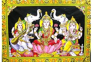 Crafts of India Lakshmi Ganesha Saraswati Batik Cotton Wall Hanging Sequins Painting : Size 43"x30" Inches