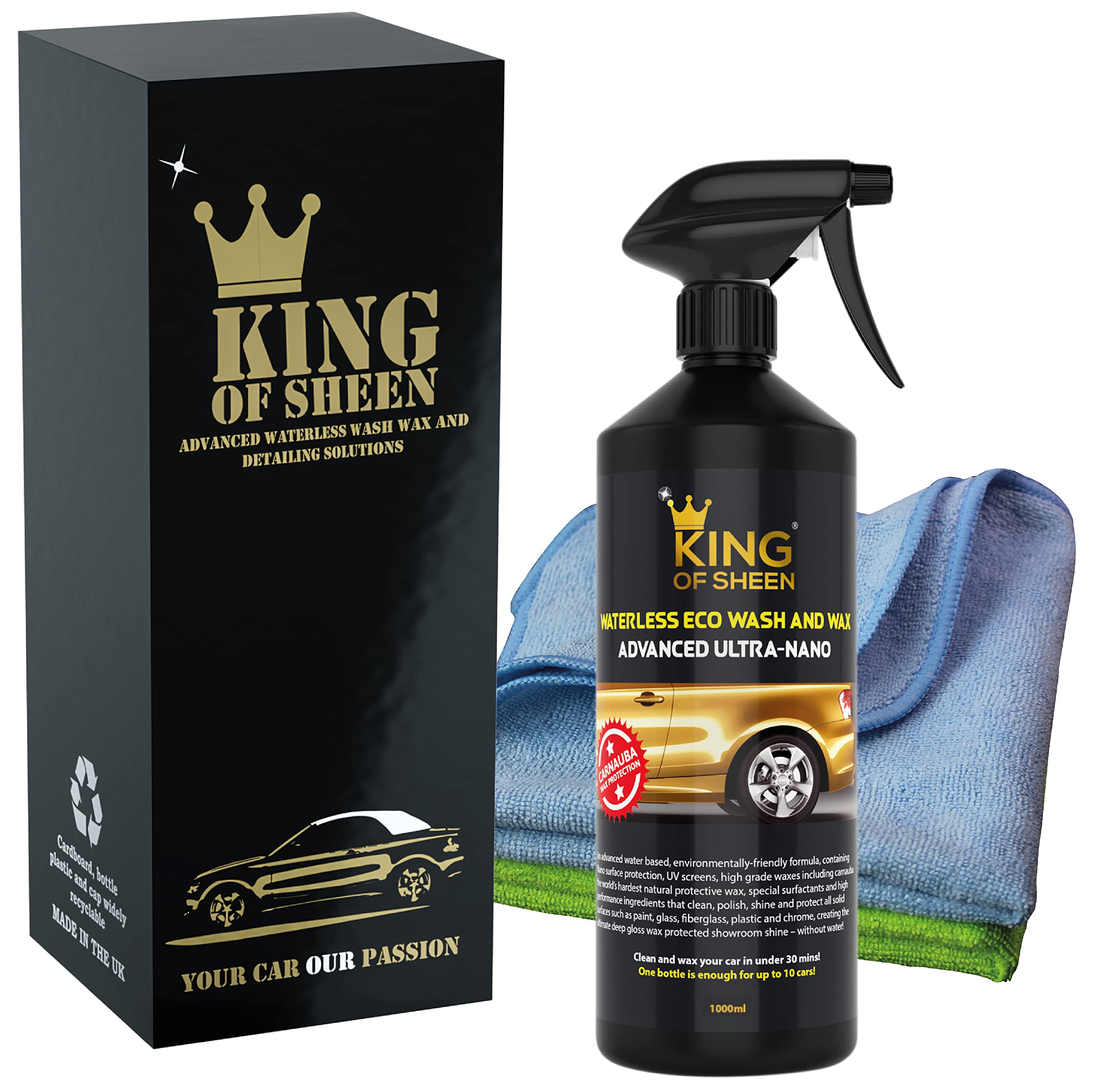 King of Sheen Advanced Ultra Nano Waterless Car Wash Kit, Wet Wax Car Cleaning Products with added Carnauba Wax, (1Lt) + 2 Microfibre Cloths,No Scratch or Swirl Formula, Protects against Salt Damage