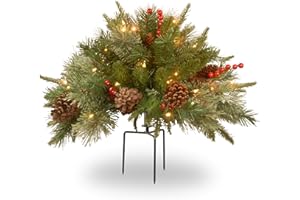 National Tree Company 18 in Pre-Lit Colonial Fir Artificial Christmas Urn Filler, Christmas Decoration with Pinecones, Red Berries, 35 Clear LED Lights, 167 Tips, Timer, Tripod Stake, Green