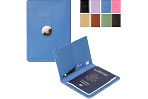 KICOROINY Full Grain Leather AirTag Passport Holder Wallet Cover for Men and Women Travel, Passport Holder with AirTag Slot Passport Wallet, Travel Essentials Genuine Leather Passport Cover Gifts (Blue)
