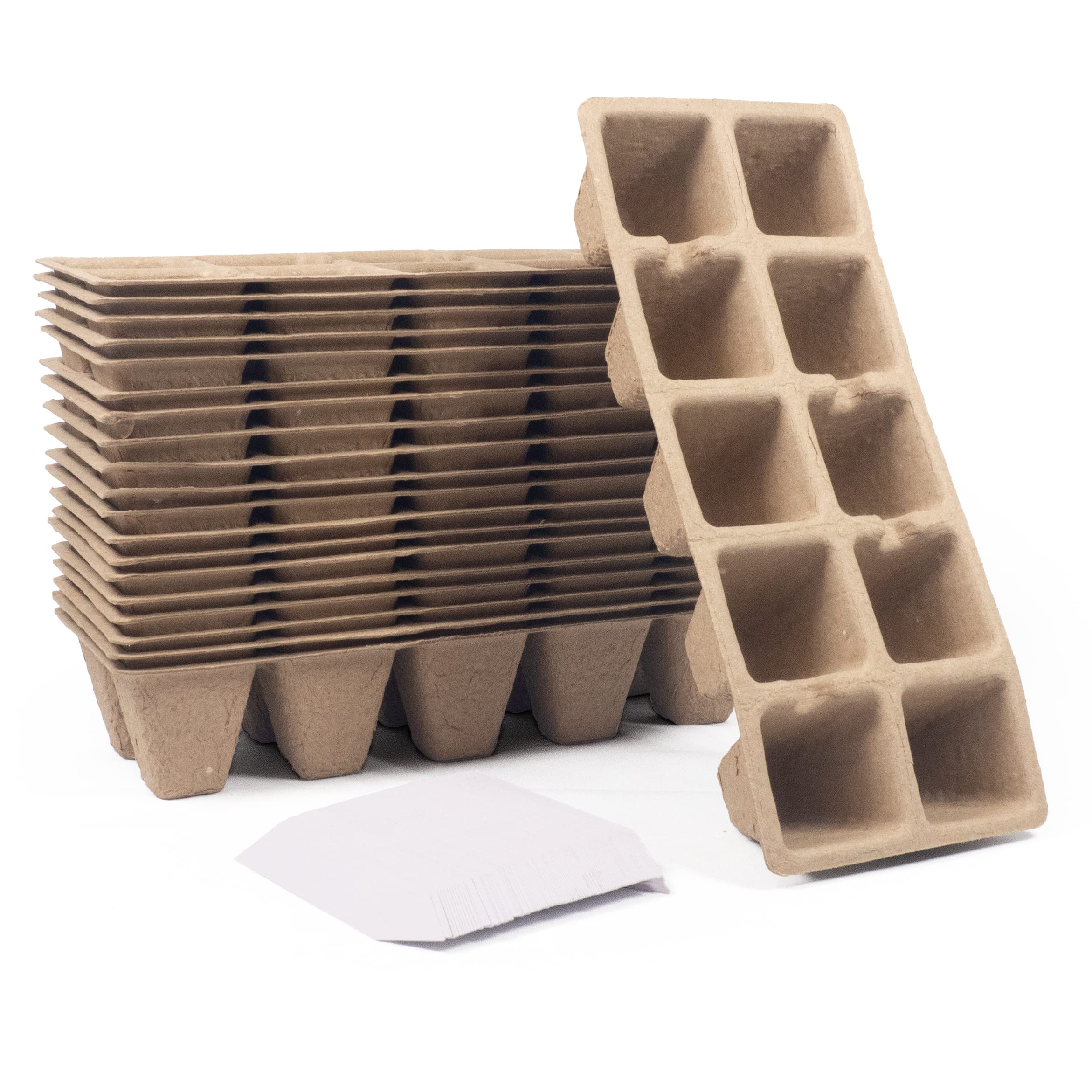 Greenology 20 Trays x 10 Cells (200 cells) Seed Germination Biodegradable Paper Pulp Starter Trays with 40pcs Planting Labels for Vegetable, Herbs, Succulents, Bonsai Seedlings