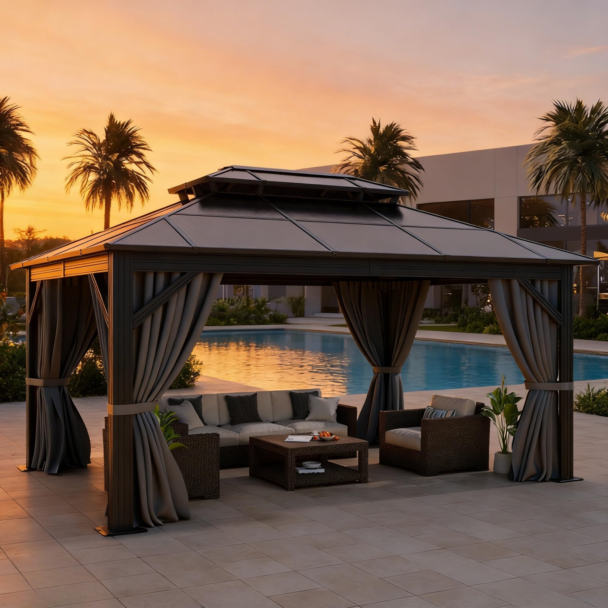 Photo 1 of DWVO 10x12ft Gazebo Hardtop Double Roof Polycarbonate Canopy Outdoor with Netting and Shaded Curtains, Aluminum Frame Garden Tent for Patio, Backyard, Deck and Lawns, Gray