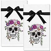 JarThenaAMCS 2 Pcs Halloween Skull Hand Towels Flower Skull Embroidered Cotton Towel Dish Towel with Ribbon for Kitchen Bathroom Drying Cleaning, 29.5 x 13.7 Inch