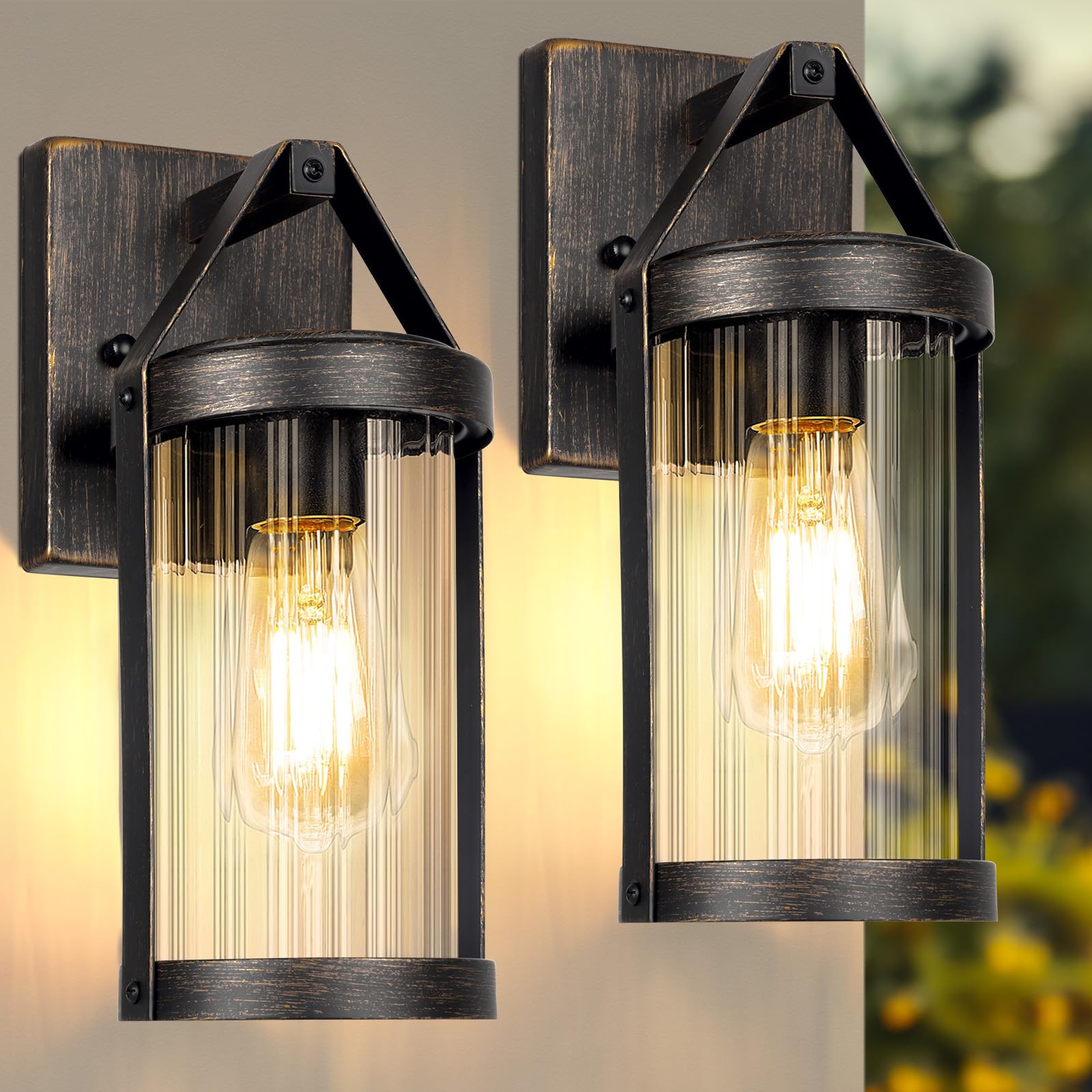 Photo 1 of 2-Pack Outdoor Wall Lights, Waterproof Outside Light Fixtures Wall Mount with Clear Ribbed Glass, Modern Bronze Exterior Wall Sconce Front Porch Lights for House, Patio, Garage, Bulbs Not Included