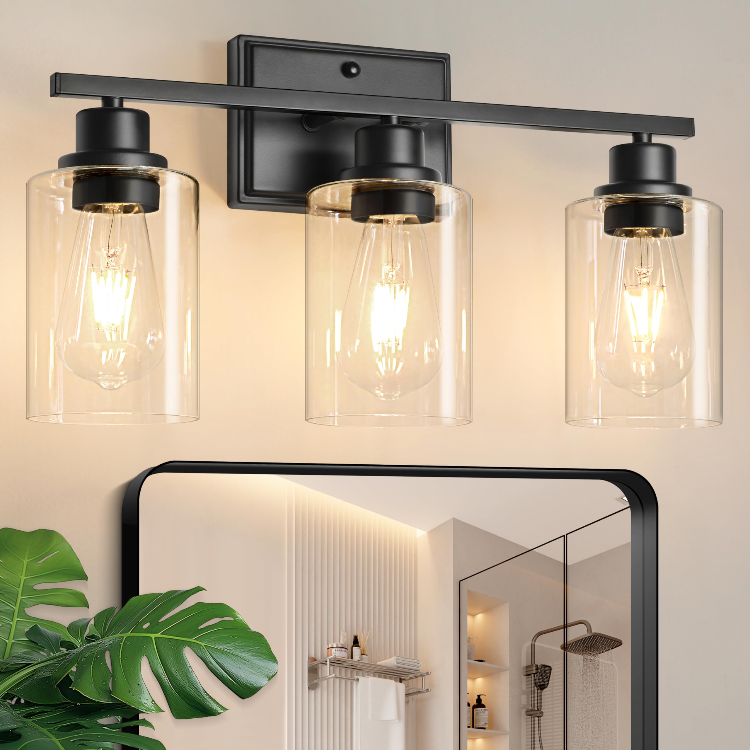 Photo 1 of Unicozin 3 Light Bathroom Light Fixtures, Modern Vanity Lights Over Mirror, Black Wall Lamp with Clear Glass for Living Room Cabinet Bedroom Porch