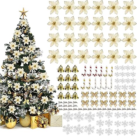 Amazon Co Jp クリスマスツリーデコレーションゴールド Diyのパーソナライズされたクリスマスの装飾 屋外 クリップ付き人工花 雪 リボン 弓 クリスマス杖 ジングルベルのための1 Pcsオーナメントセット 金 ホーム キッチン