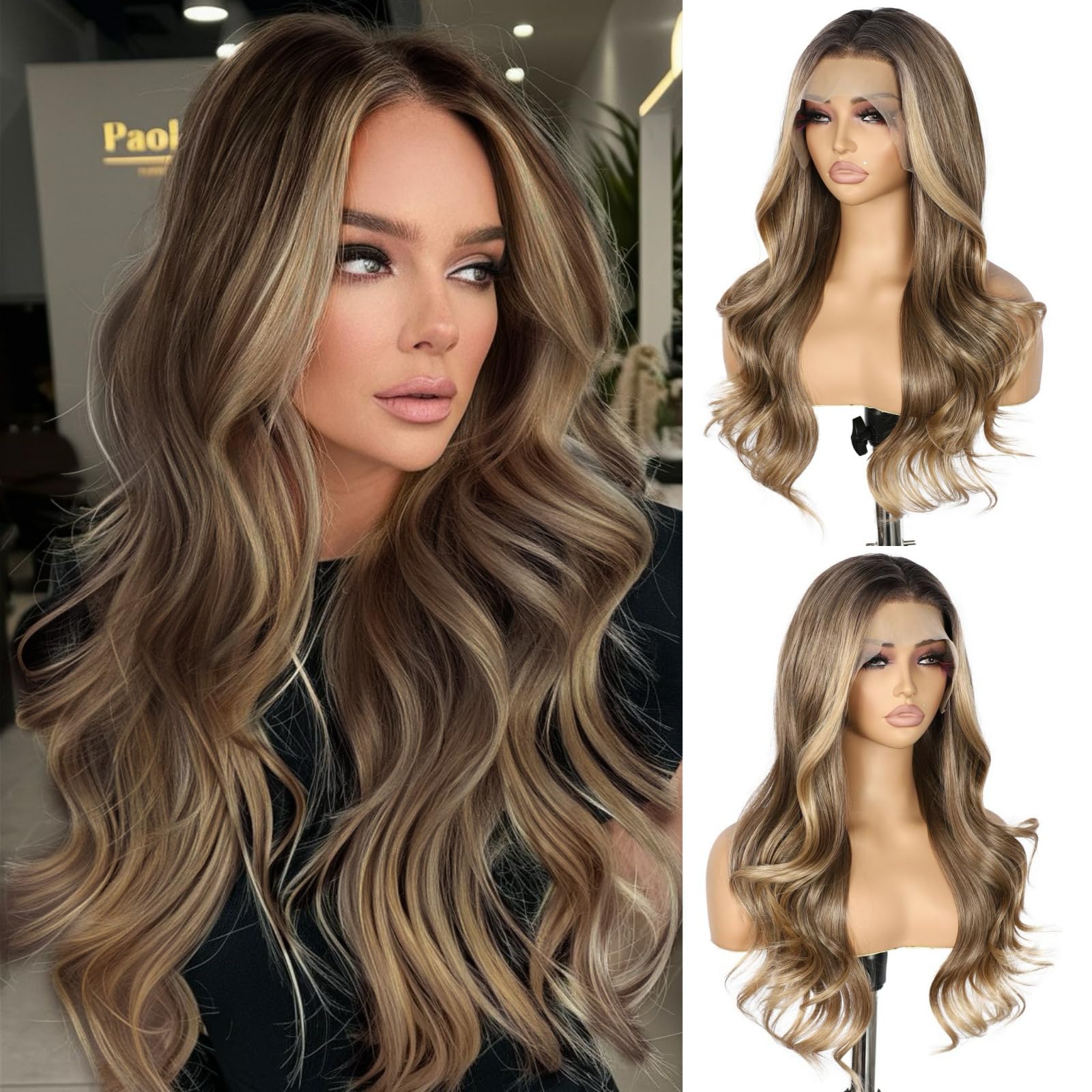 Photo 1 of SAPPHIREWIGS Highlight Brown Wig 13x4 Synthetic Lace Front Wigs Bye Bye Knots Glueless Wig Natural Wavy for Women Heat Resistant Wigs for Daily Party Use 20 Inch