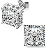 18K White Gold Plated Sterling Silver Square Cubic Zirconia Stud Earrings 4 Prong Princess Cut CZ Simulated Diamond Stud Earrings for Men Women Hypoallergenic