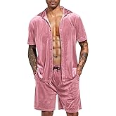LecGee Men Summer Casual Short Sets Velvet Short Sleeve Button Down Shirt Elastic Waist Shorts 2 Piece Outfits Tracksuit