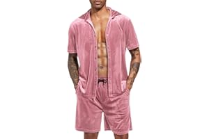 LecGee Men Summer Casual Short Sets Velvet Short Sleeve Button Down Shirt Elastic Waist Shorts 2 Piece Outfits Tracksuit