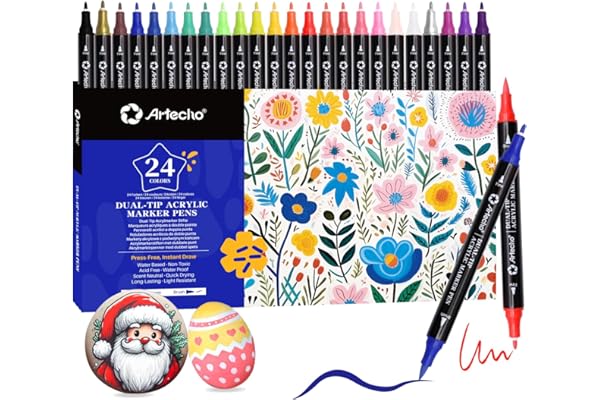Artecho Acrylic Paint Pens 24 Colors, Dual Tip Acrylic Paint Markers with Brush Tip and Fine Tip for Rock Painting, Glass, Pa