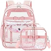 KIDNUO Clear Backpack for Girls and Boys 2PCS Heavy Duty Bookbag Stadium Approved Daypack Transparent School Bag See Through Backpacks for Kids Elementary,Students,College,Teens,Concert,Sports Pink