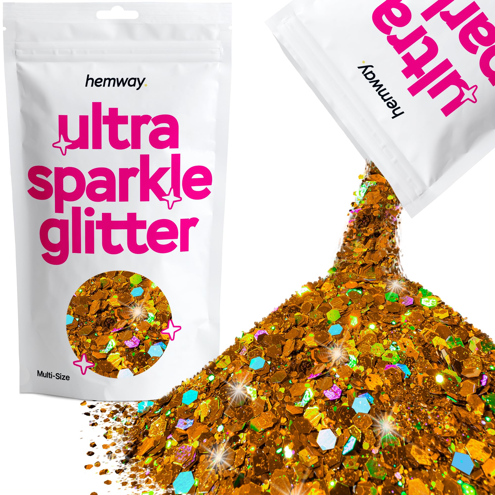 Hemway Ultra Sparkle Glitter Copper Holographic 100g Multi Size | Glitter for Arts & Craft, Makeup, Nail Art, Crafting, Card Making, Sparkle Decoration