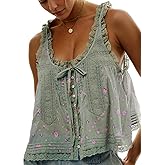 Womens Summer Boho Lace Tie Front Tank Beach Vacation Crop Flowy Vest Tops Button Down Sleeveless Fashion Blouses
