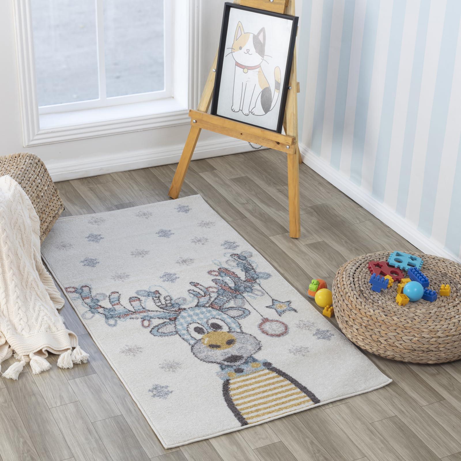 Livabliss Reindeer Kids Rug - Childrens Rugs for Bedroom 80x150 cm, Animal Kids Carpet for Girls & Boys Bedroom, Playroom and Nursery Rugs, Baby Rug for Girl or Boy Room, Ivory and Blue