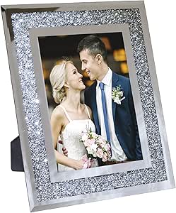 EXCELLO GLOBAL PRODUCTS Decorative Picture Frame 8"x10" Photo Holder Glass Mirror with Sparkling Crystal Boarder. Use Standing with Included Easel or Ready to Hang.