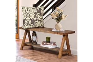 Wnutrees 43" Farmhouse Wood Bench, Long Rustic Indoor Storage Bench for Entryway, Living Room, Dining Room, Solid Wood Construction, Original Wood