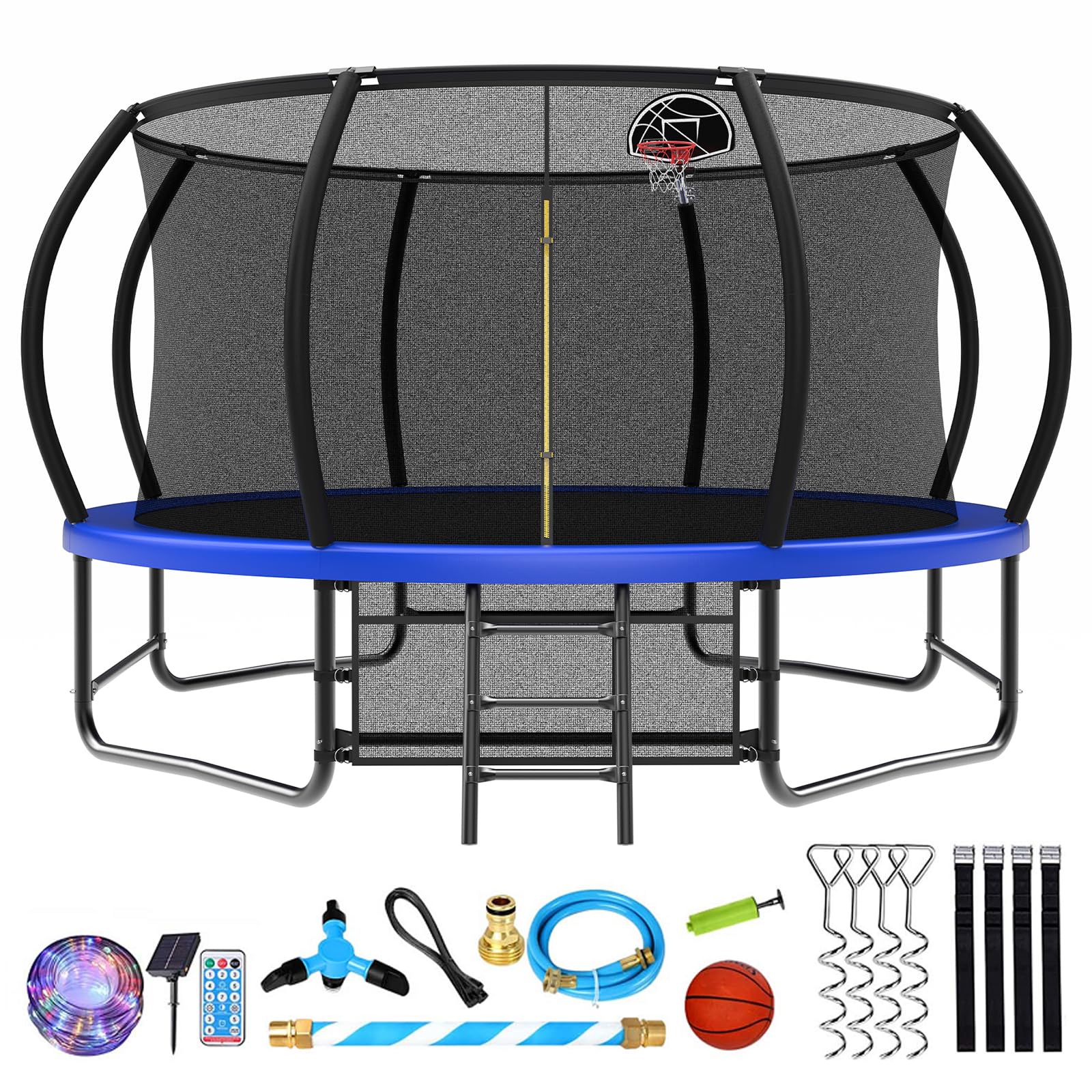 Photo 1 of ** NO RETURN / MISSING PARTS *** Lyromix 14FT Trampoline Outdoor with Basketball Hoop, Trampoline with Lights for Kids and Adults, Recreational Trampolin with Sprinkler, Stakes and Storage Bag