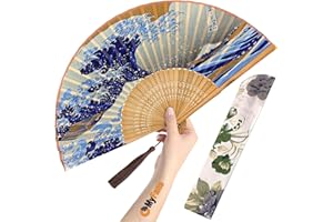 OMyFans Hand Fan for Women Foldable - Folding Chinese Japanese Vintage Bamboo Silk Fan - Ideal for Hot Flashes, Church, EDM, Festivals, Dancing and Gifts (Kanagawa Wave)