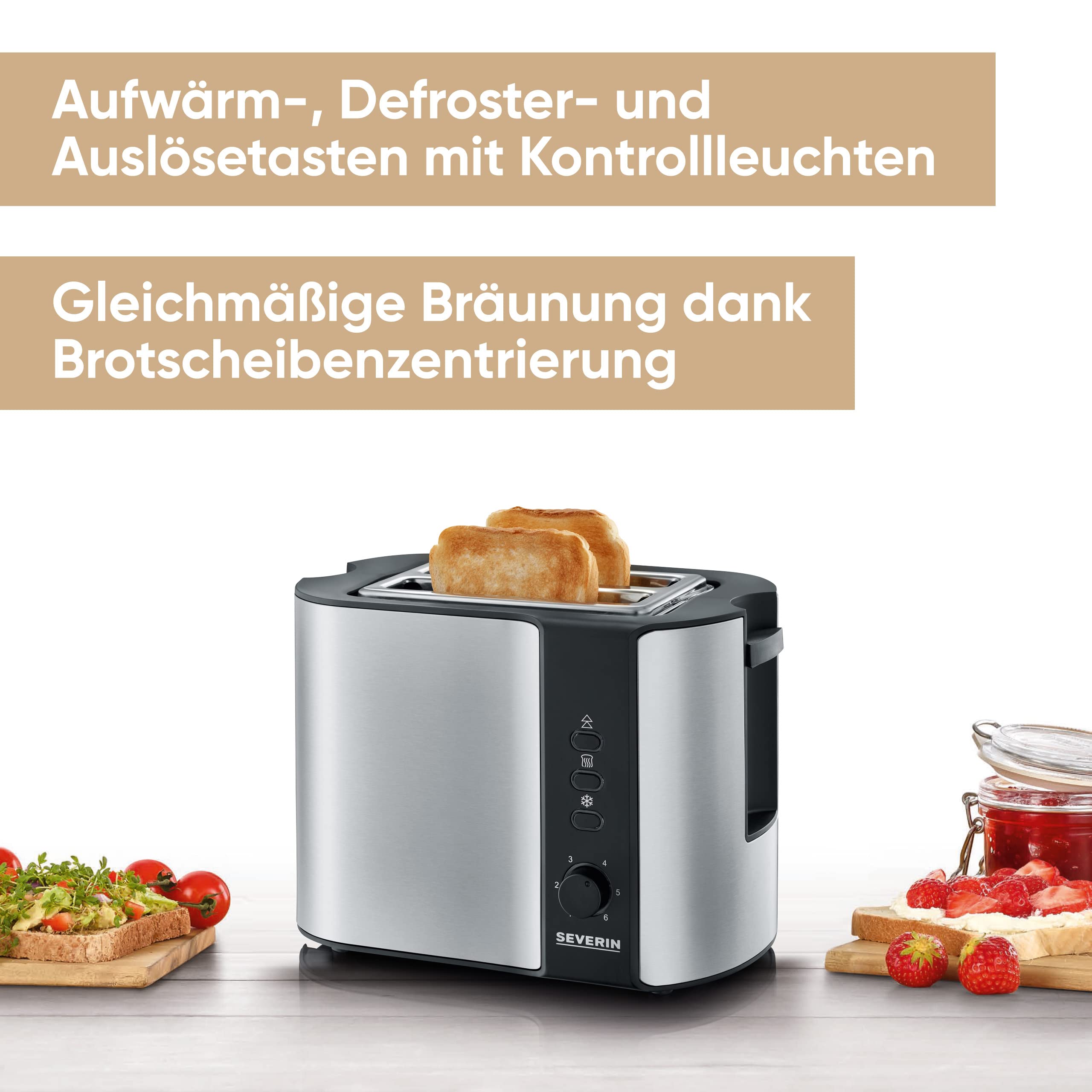 SEVERIN Automatik-Toaster, mit Brötchenaufsatz, hochwertiger Edelstahl Toaster zum Toasten, Auftauen und Erwärmen, 800 W,steel, AT 2589 2