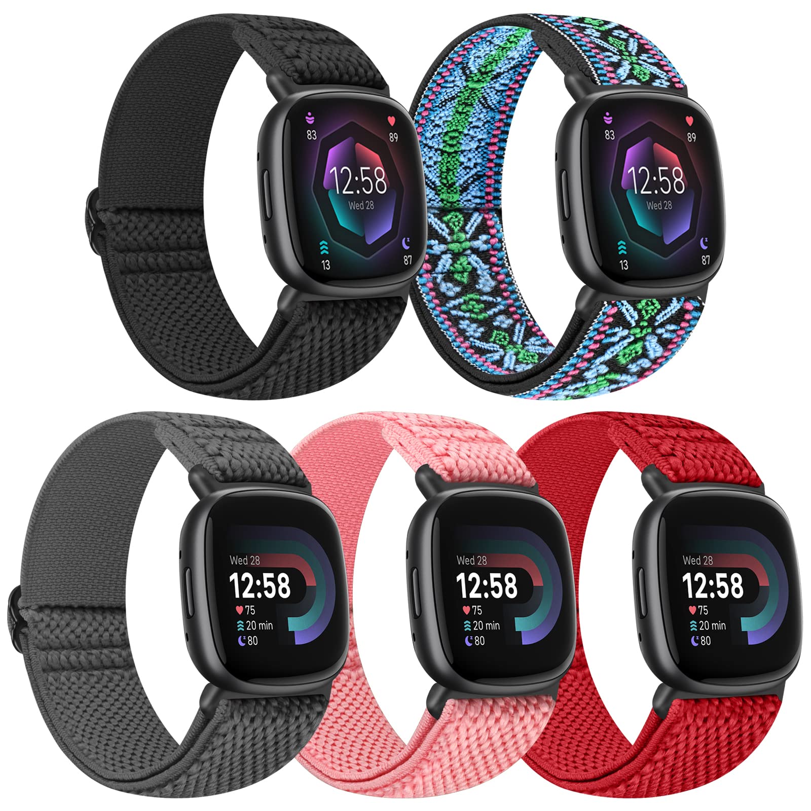 Tiptops 5 Pack Straps Compatible for Fitbit Versa 4/Fitbit Sense 2 Straps/Fitbit Versa 3/Fitbit Sense Bands Men Women, Adjustable Comfortable Loop Nylon Sports Replacement Stretchy Bands — image 1