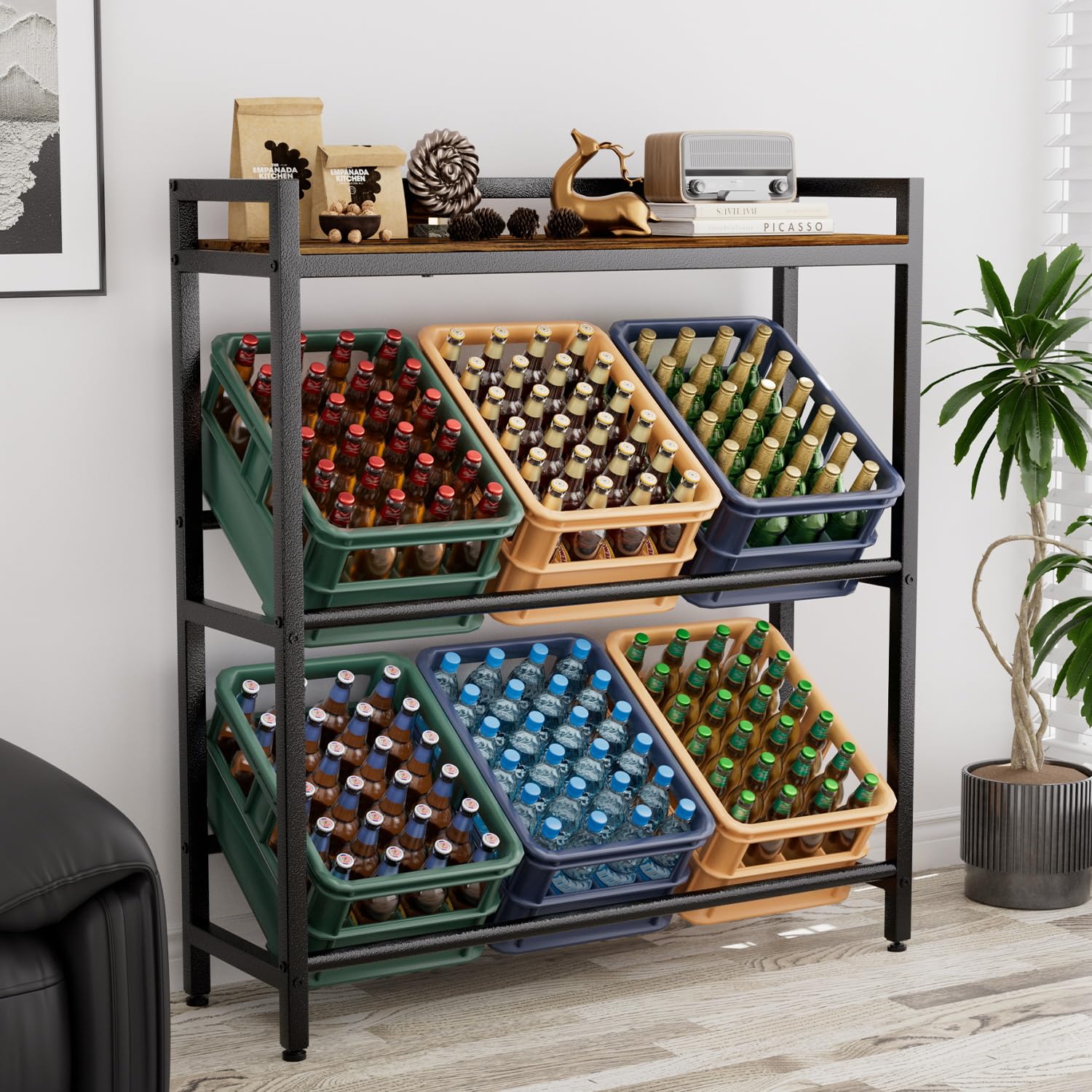 Getränkekistenregal 6 Kisten mit Ablage,33D x 104W x 115H cm Getränkeregal,Stabiler Metall Regal Getränkekisten,Freistehend Bierkisten Regal für Küche Keller Garage,Kistenregal Rustikales Braun 9