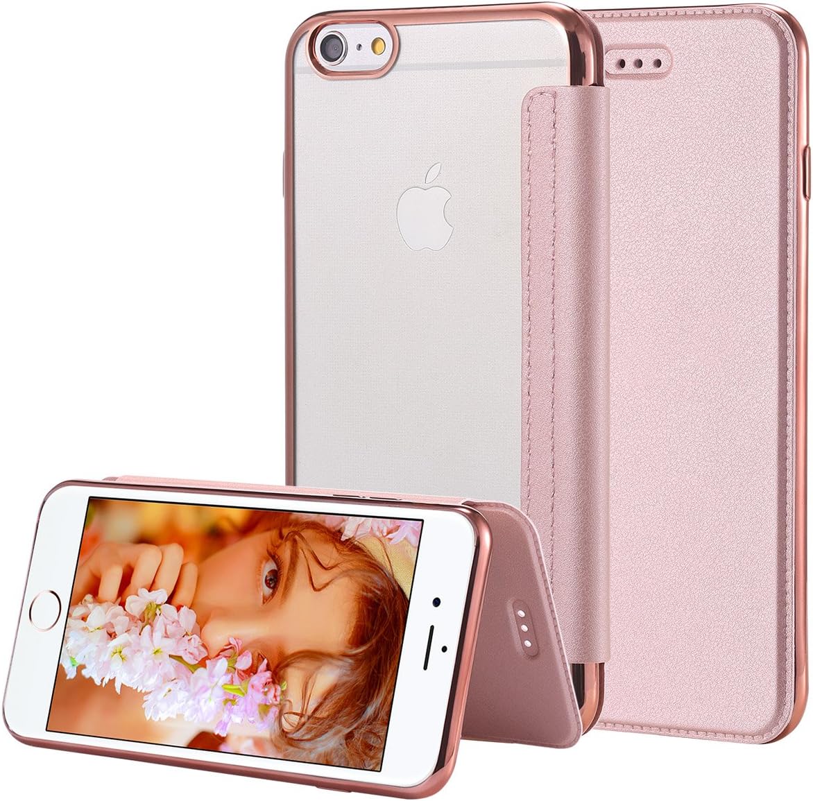 Snewill iPhone 6S Case,iPhone 6 Case, Slim PU Leather Folio Flip Case with Card Slot & Clear Soft TPU Back Cover for Apple iPhone 6/6S-Rose Gold