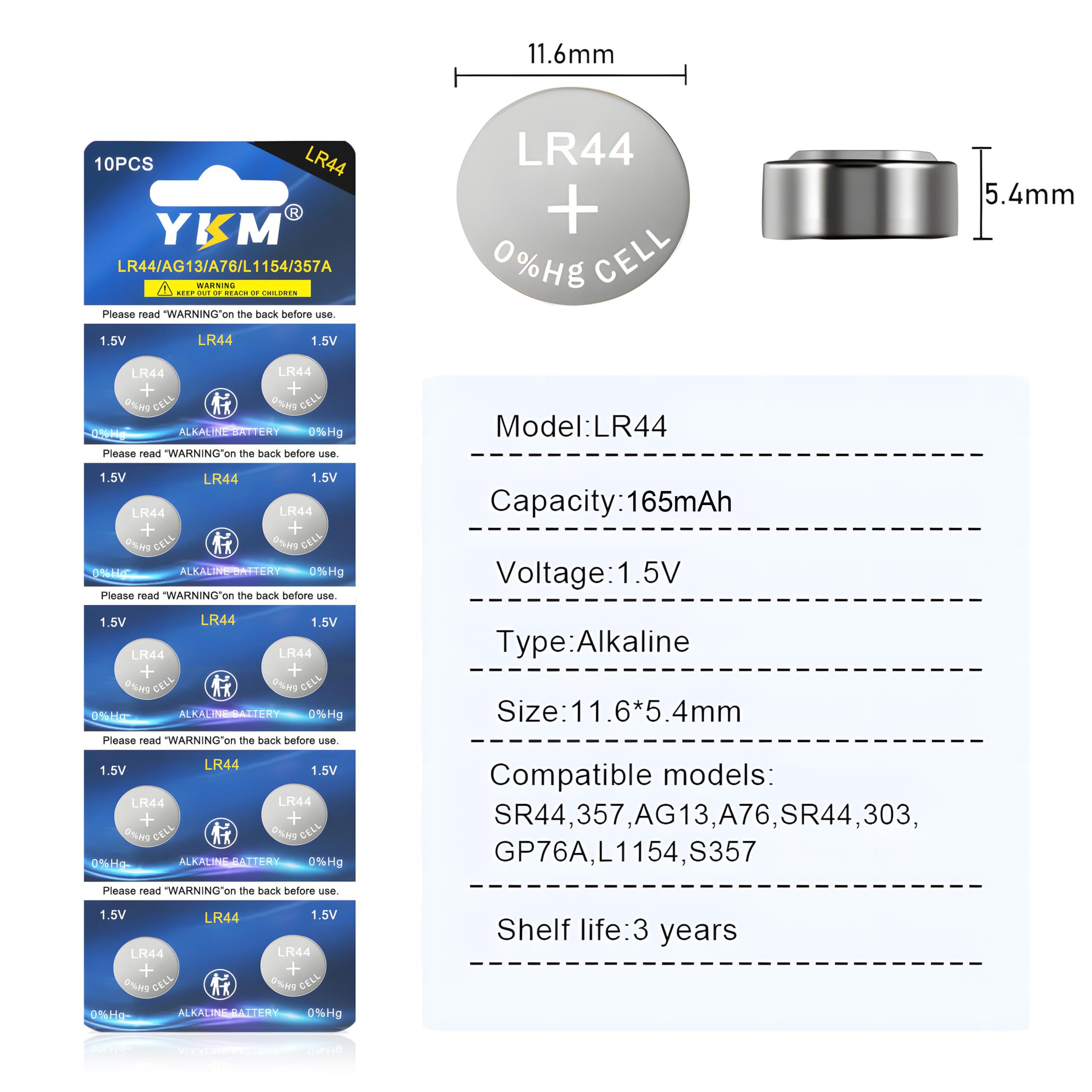 YKM 10 Pack LR44 Batteries AG13 L1154f A76 357/303 L1154 L1154c LR44h 1.5V Alkaline Batteries for Digital Caliper Watch Battery