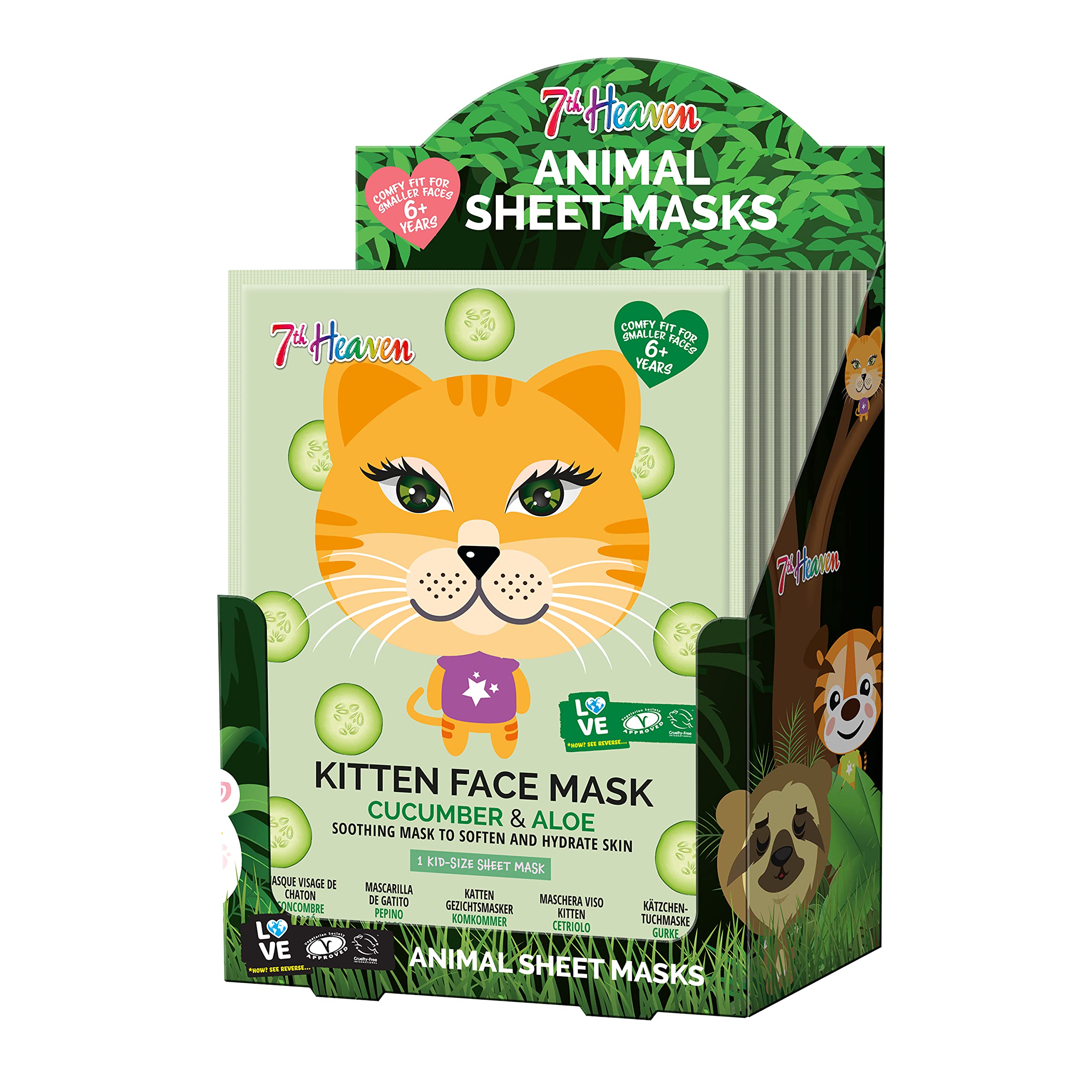 7th Heaven Kitten Face Sheet Mask (Pack of 12) with Cucumber and Aloe Vera to Soften and Hydrate Skin | Ideal for All Skin Types, Fun for Parties and Selfies (Ages 8+)