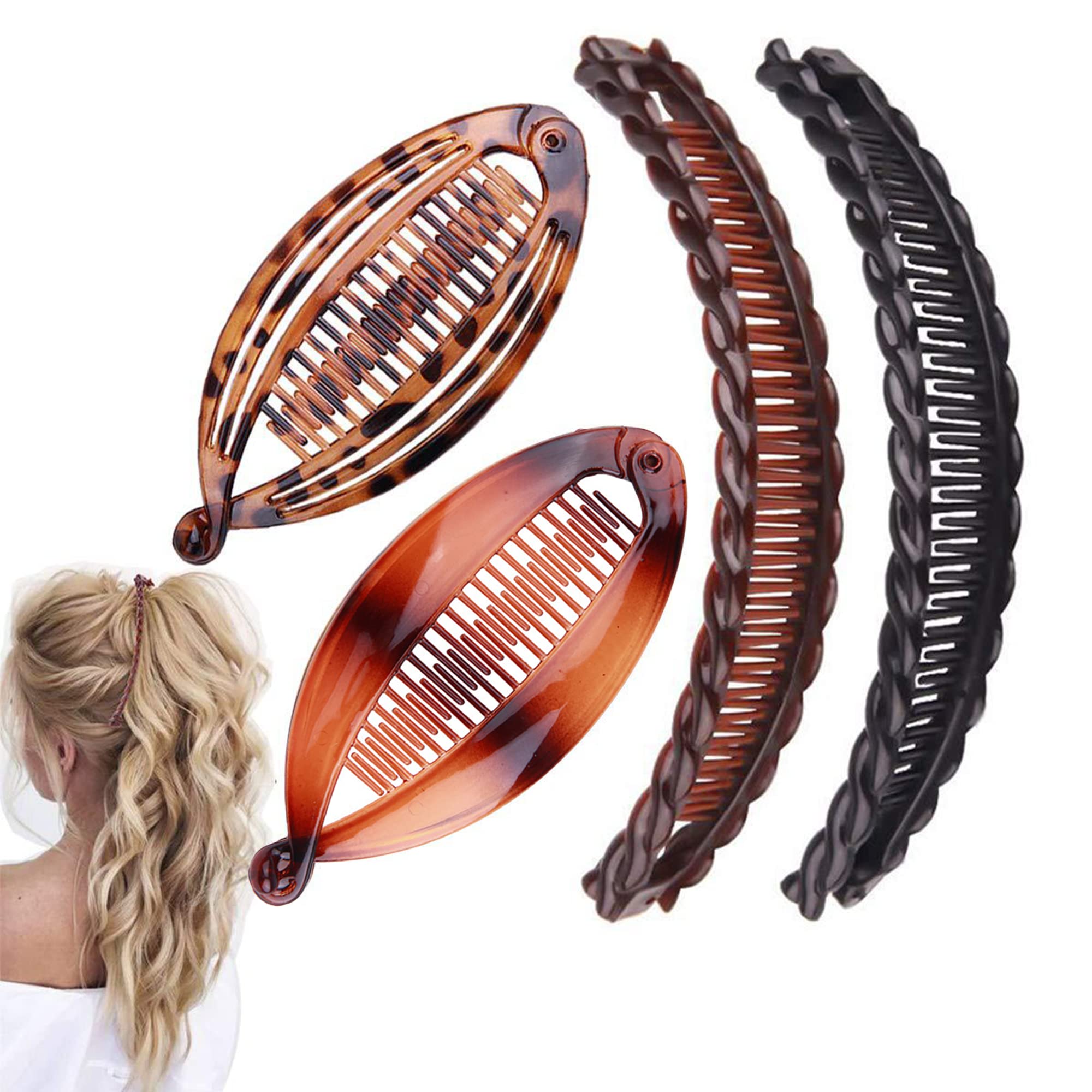 Banana Hair Clip 4-Piece Set - Double Comb Long Hair Clips & Ponytail Holders for Thick & Fine Hair