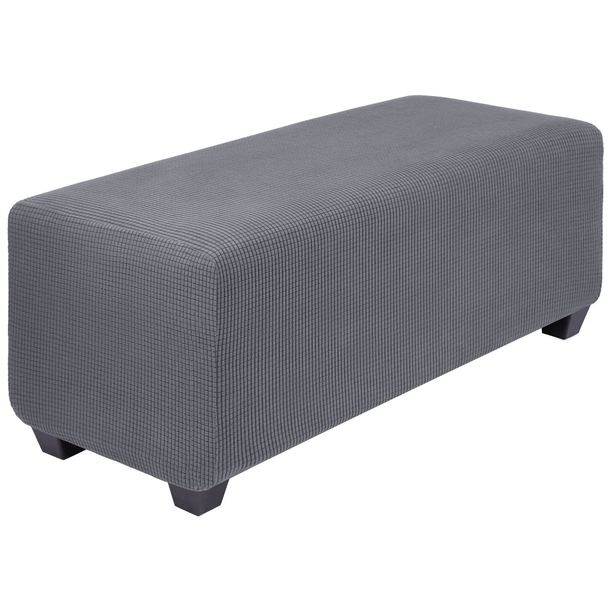 PiccoCasa High Stretch Ottoman Cover with Elastic Bottom, Soft Slipcover Jacquard Fabric Small Checks Rectangle Storage Stool Cover Furniture Covers Dark Gray Large