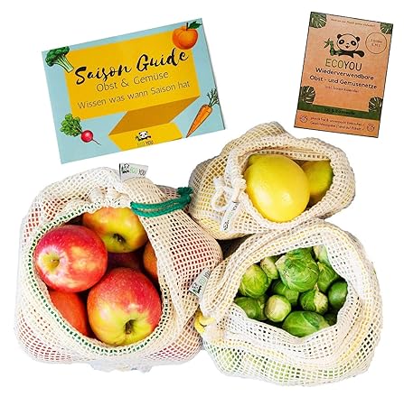 EcoYou Gemüsebeutel Bio-Baumwolle wiederverwendbar 3er Set (S,M,L) mit Gewichtsangabe ?? Zero Waste Obstnetz & Gemüsenetz für