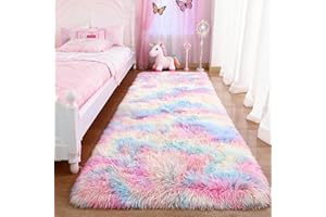Ompaa Soft Fluffy Rainbow Runner Rug for Girls Bedroom Carpets, Kawaii Tie Dye Kids Rugs for Teens Unicorn Dorm Aesthetic, Pastel Shaggy Nursery Area Rug for Baby Princess Room, 2x4 Feet