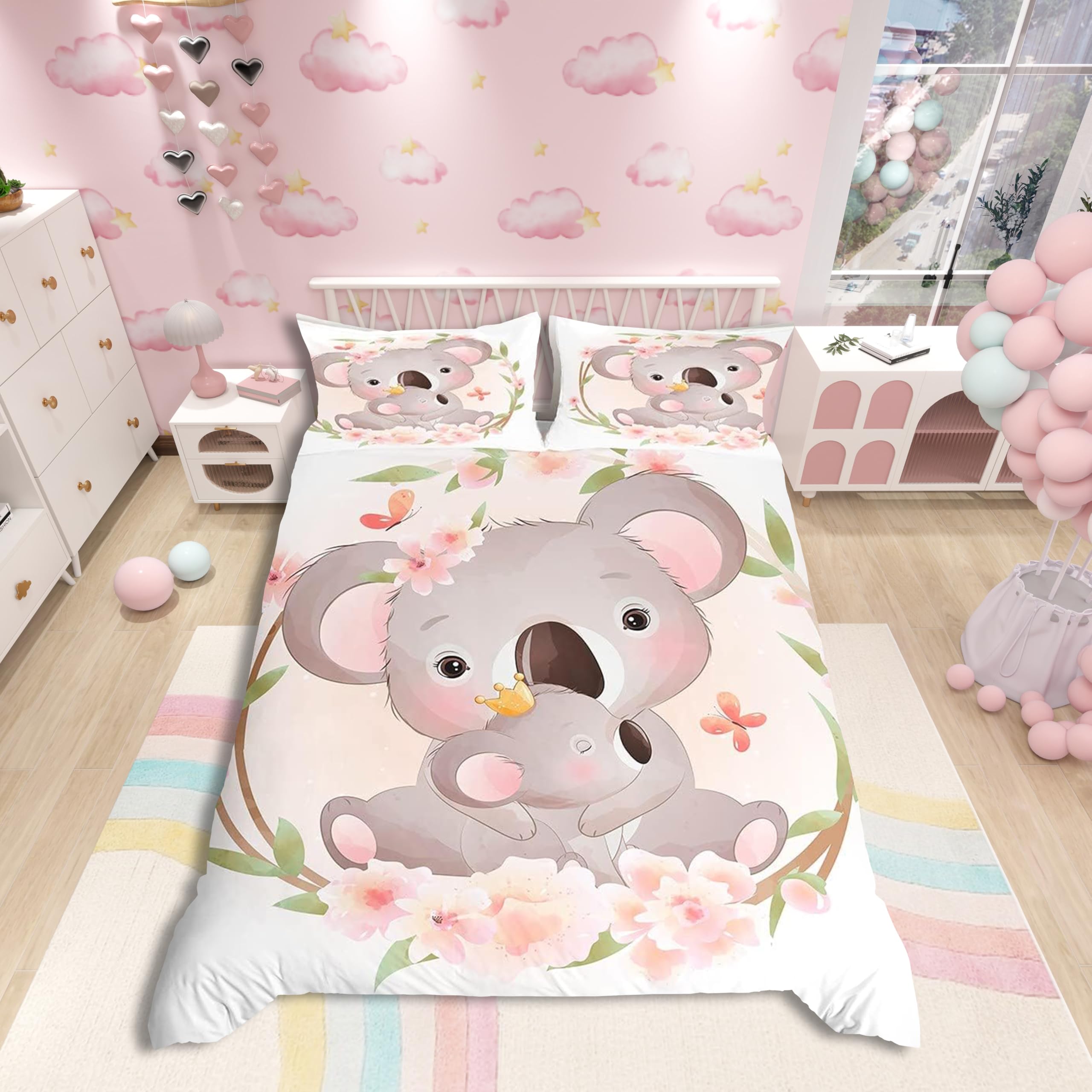 feelingyou Cute Koala Pink Flowers Pattern Duvet Cover Set (No Comforter) White Color Bedding Set for Kids Girls Teens Comforter Cover with Zipper Ties (1 Duvet Cover + 1 Pillow Case) Single Size