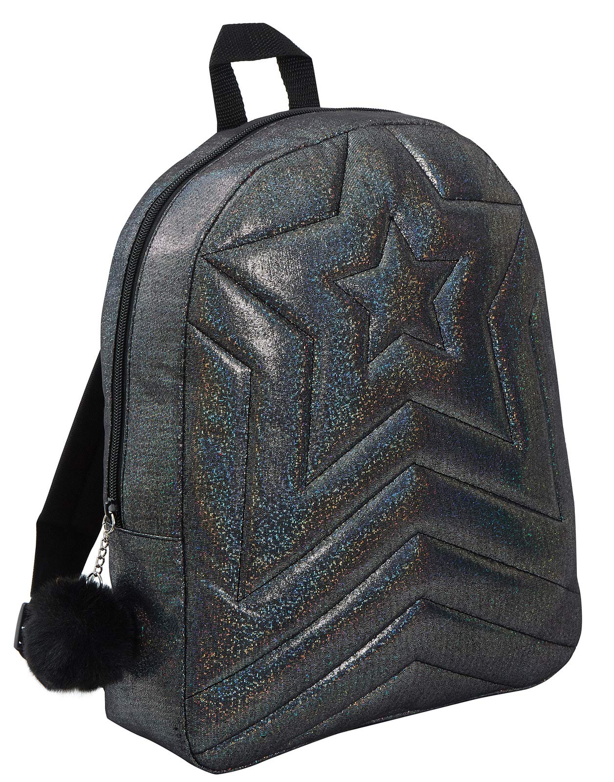 Ultimate Kids Girls School College Quilted Black Glitter Shimmer Backpack Bag + Pom Pom zip