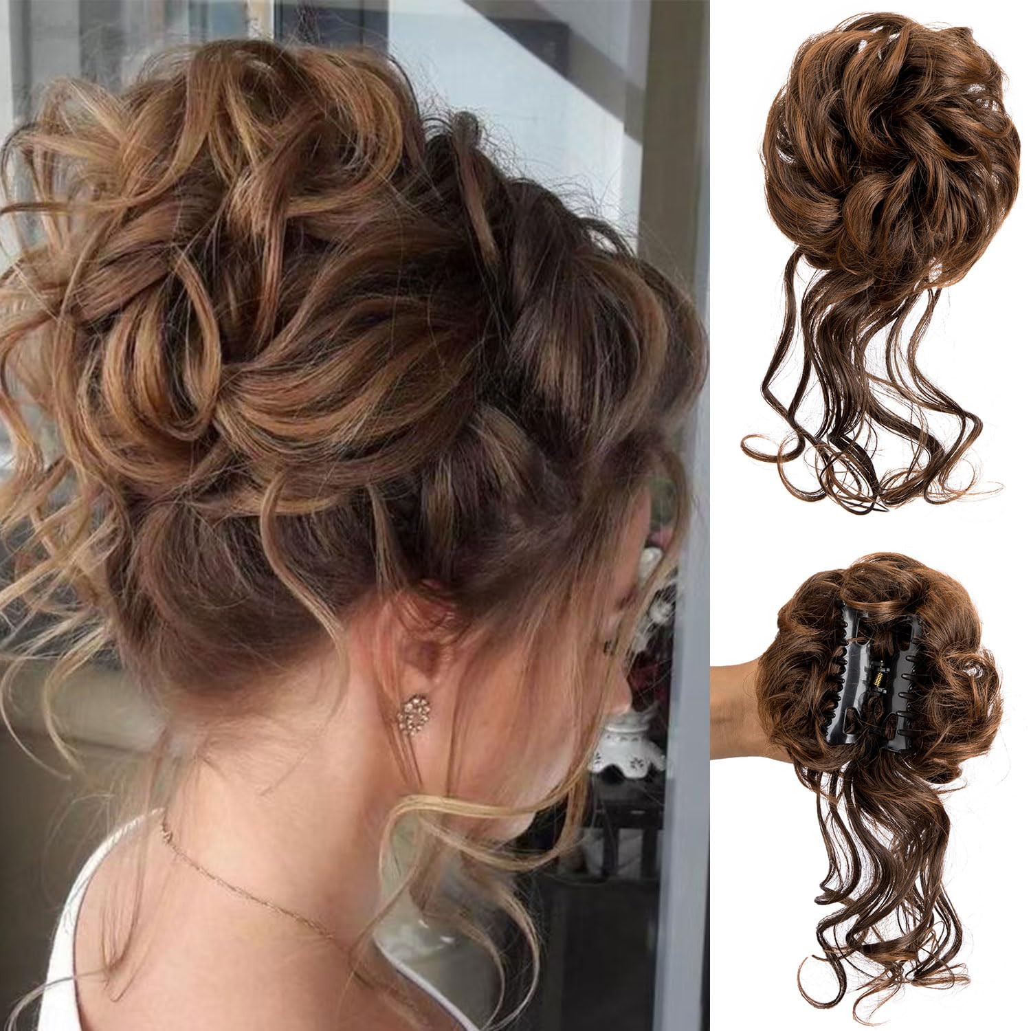 Claw Clip Messy Bun Hair Piece - Tousled Updo Extension With Elastic Band for Women - Curly Hair Scrunchie (Light Brown)